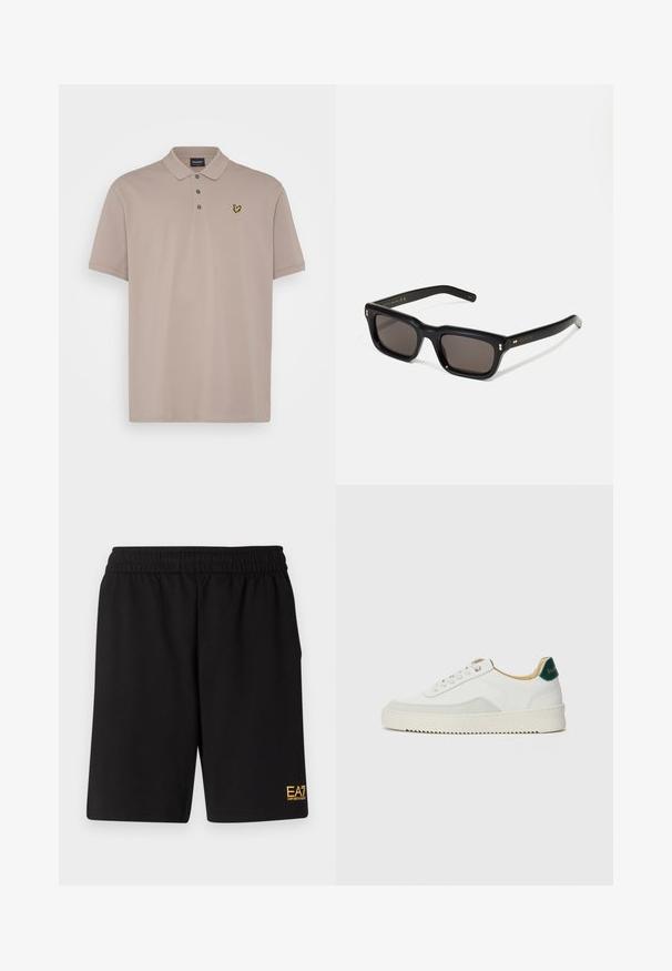 Mustat puhallettavat takki, jossa on huppu, edessä vetoketju ja pystytikattu muotoilu. Kulta EA7 -logo vasemmassa rintataskussa. Suorapintainen rakenne.; Lyle & Scott PLAIN - Pikeepaita - heritage taupe; Mustat urheilushortsit, jotka on valmistettu pehmeästä kankaasta. Kengissä on joustava vyötärönauha ja pieni keltainen EA7-logo vasemmassa alakulmassa.; Valkoiset tennarit, joissa on nahkaosia, pyöreä kärki, tasaiset nauhat ja kermaisa kumi-pohja. Takana vihreä brändäys.; Mustat suorakulmaiset aurinkolasit tummilla linsseillä, paksu muovikehys, kultaiset korostukset temppeleissä ja brändin logo kaiverrettuna varteen.
