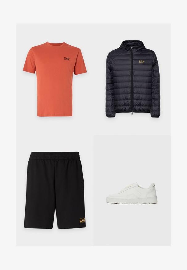 Black puffer jacket with a hood, featuring a zip front and vertical quilted design. Gold EA7 logo on the left chest. Smooth texture.; Short-sleeve t-shirt in rust color, made of cotton, featuring a crew neck and a small black EA7 logo on the chest.; Black athletic shorts made of soft fabric,Featuring an elastic waistband and a small yellow EA7 logo on the lower left leg.; White leather sneaker with a smooth finish, round toe, flat laces, and a textured sole. Features a subtle logo on the heel.