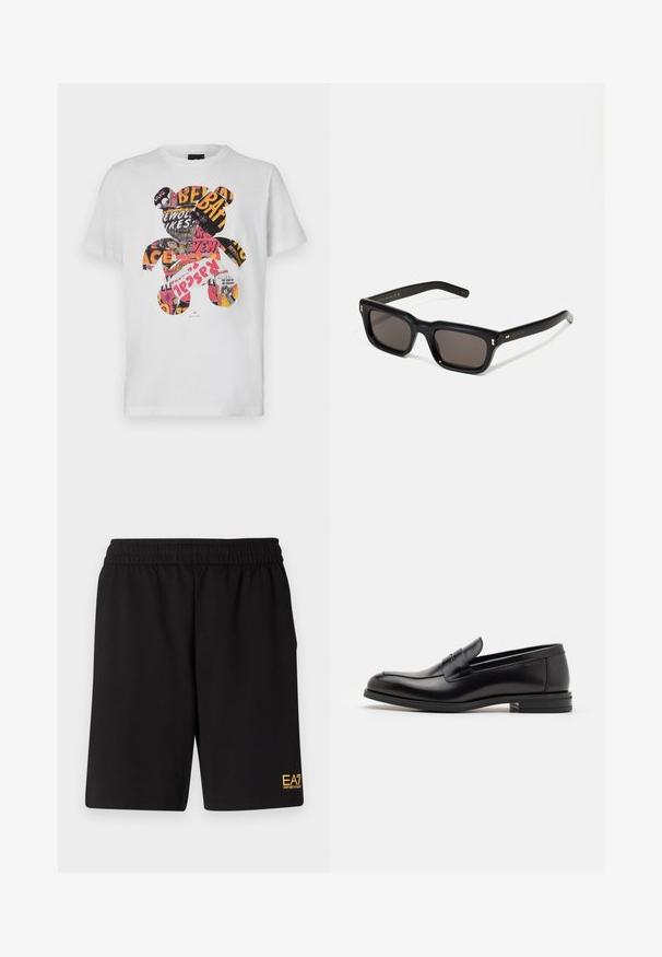 Mustmust must vest koos kapuutsiga, millel on lukuga esikäik ja vertikaalne tikandimuster. Kuldne EA7 logo vasakul rinnal. Sile tekstuur.; Valge puuvillane T-särkk, millel on karu graafika, mis on täidetud värvikate ajakirja lõigatud piltide ja tekstiga, ümar kaelus, lühikesed varrukad.; Mustad mustad lühikesed püksid, mis on valmistatud pehmest kangast. Omavad elastset vöökohta ja väikest kollast EA7 logo vasakul jalal.; Mustad mustad nahast loafers sileda tekstuuriga, ümarat ninaosa ja dekoratiivne riba vampi üle. Madal kihiline konts, minimalistlik disain.; Mustad mustakorruselised prillid tumedate läätsedega, paks plastikraam, kuldsed aksendid templites ning kaubamärgi logo graveeritud käe lilla.
