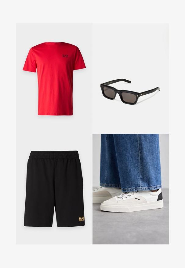 Fekete puffermellény, kapucnival, elöl cipzárral és függőleges steppeléssel. Arany EA7 logó a bal mellen. Sima tapintás.; EA7 Emporio Armani TRAIN CORE TEE - Basic póló - salsa; Fekete sportnadrág puha anyagból, rugalmas derékkal és egy kis sárga EA7 logóval a bal alsó lábszáron.; Fehér és fekete sportcipők sima bőrből készült felsőrésszel, texturált díszítésekkel és vastag fehér talppal. Klasszikus fűzős kivitel jellemzi.; Fekete téglalap alakú napszemüveg sötét lencsékkel, vastag műanyag keret, arany díszítések a szárakon, és a márka logója gravírozva a szára.