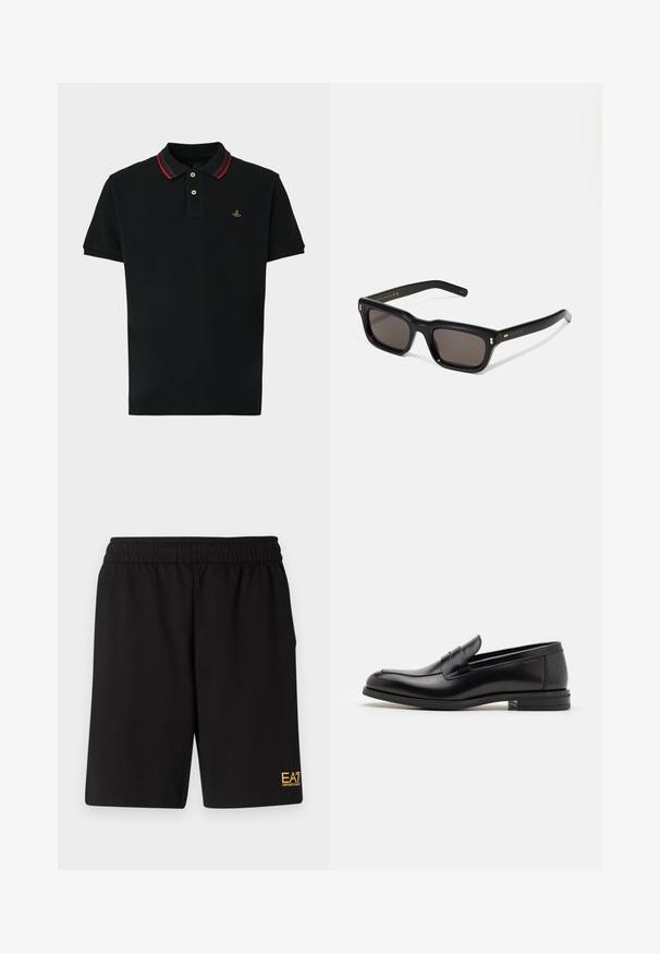Melna pūkaina jaka ar kapuci, ar rāvējslēdzēju priekšā un vertikālu quilted dizainu. Zelta EA7 logo kreisajā krūtī. Gluda tekstūra.; Melna īsroku polo kreklā ar diviem pogām, sarkani melnām svītrām apkārt apkaklītei un mazu izšūtu oranžu un zilu logotipu uz krūtīm.; Melnas sporta šortus, kas izgatavoti no mīksta auduma, ar elastīgu jostu un mazu dzeltenu EA7 logo zem kreisā kājas stūra.; Melnas ādas kurpes ar gludu tekstūru, noapaļu purngalu un dekoratīvu siksniņu pāri priekšpusei. Zems sakrauts papēdis, minimālisma dizains.; Melnas taisnstūra formas saulesbrilles ar tumšiem stikliem, bieza plastmasas rāmja, zelta akcenti pie tempļiem un zīmola logo iegravēts roku daļā.