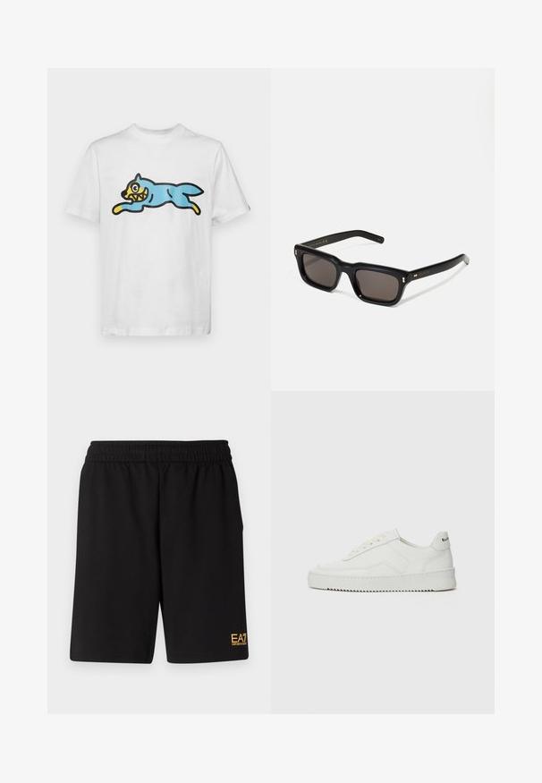 Sort pufferjakke med hætte, med lynlås foran og vertikal quiltet design. Guld EA7-logo på venstre bryst. Glat tekstur.; Hvid bomulds t-shirt med en blå, tegneserieagtig kat med et gult ansigt og skarpe tænder, placeret i en springende stilling.; Sorte atletiske shorts lavet af blødt stof, med en elastisk talje og et lille gult EA7-logo nederst på venstre ben.; Hvide lædersneakers med en glat overflade, rund tå, flade snørebånd og en tekstureret sål. Har et diskret logo på hælen.; Sorte rektangulære solbriller med mørke glas, tyk plastisk ramme, guldtryk på stængerne og brandlogo indgraveret på armen.