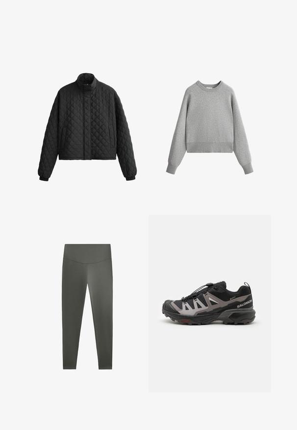 Steppelt fekete dzseki magas gallérral, rövidített fazonnal és elasztikus mandzsettákkal. Gyémántmintával és sima textúrával rendelkezik.; Szürke, garbónyakú pulóver hosszú raglán ujjakkal. Puha anyagból készült, bordás nyakkal és szegéllyel. Könnyű és laza dizájn.; Sötétzöld leggings rugalmas anyagból. Magas derék és sima felület jellemzi. Szűkített lábforma, minta vagy díszítés nélkül.; Fekete és szürke terepfutó cipők, hálós felsőrésszel, gyors fűzőrendszerrel és agresszív talppal. Megjegyzésre méltó díszítések közé tartozik a Salomon logó és a Contagrip talp.
