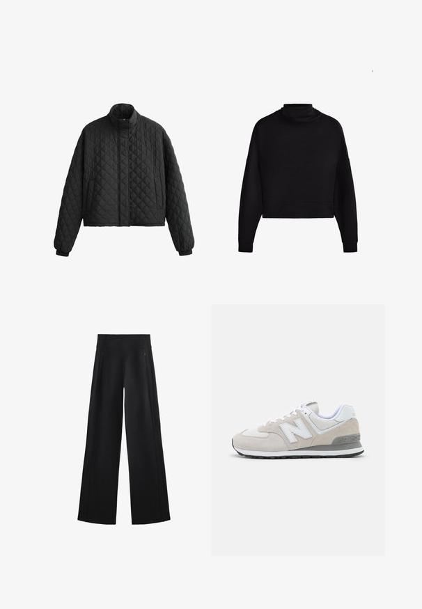 Jachetă neagră matlasată cu guler înalt, design scurt și manșete elastice. Prezintă un model în diamant și o textură netedă pe întreaga suprafață.; Hanorac scurt din bumbac negru, cu mâneci lungi, guler înalt și manșete cu nervuri, expus pe un fundal alb.; Pantaloni negri cu picioare largi, dintr-o țesătură moale, având un talie înaltă și două buzunare cu fermoar, cu cusături subtile pe lateral.; Tenisi bej deschis, realizati dintr-un mix de suede si material mesh. Designul include un logo alb proeminent si accente gri. Talpa din cauciuc.