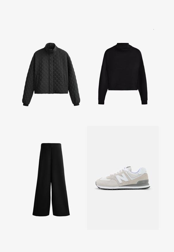 Prešívaná čierna bunda s vysokým golierom, skráteným strihom a elastickými manžetami. Vyznačuje sa diamantovým vzorom a hladkou textúrou.; Čierny dlhý rukáv cropped sweatshirt s vysokým golierom a rebrovanými manžetami, vystavený na bielom pozadí.; Čierne široké nohavice z mäkkej látky. Majú vysoký pás a hladkú textúru s čistými líniami, poskytujú voľný, pohodlný strih.; Svetlé béžové tenisky so zmesou semišových a sieťových materiálov. Dizajn obsahuje výrazné biele logo a šedé akcenty. Gumená podošva.