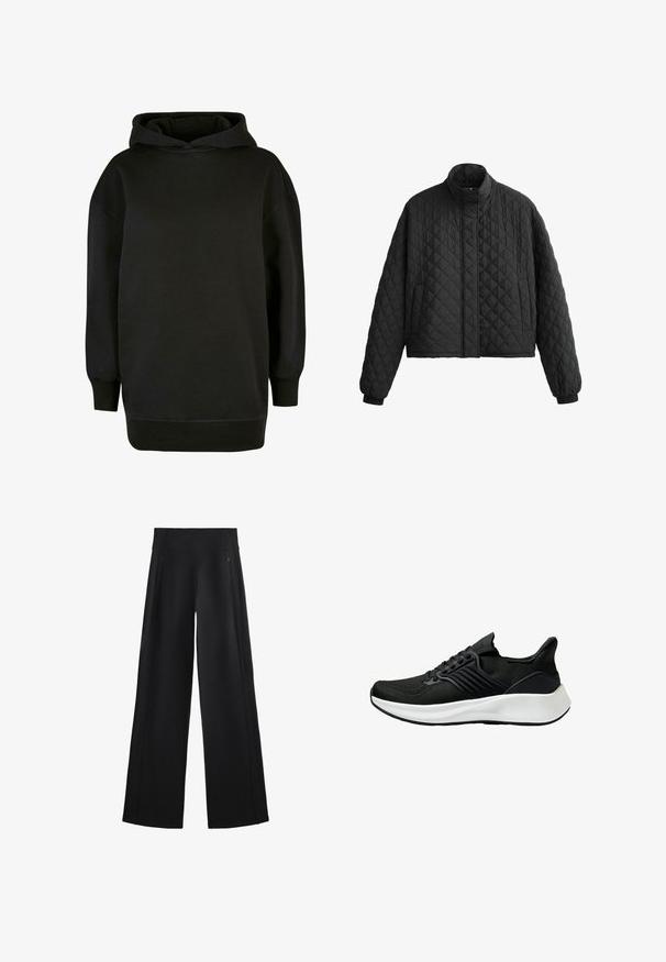 Prešívaná čierna bunda s vysokým golierom, skráteným strihom a elastickými manžetami. Vyznačuje sa diamantovým vzorom a hladkou textúrou.; Čierna mikina s kapucňou vyrobená z jemného zmesi bavlny. Obsahuje veľkú kapucňu, dlhé rukávy a rebrované manžety a spodný lem. Jednoduchý, uvoľnený strih.; Široké čierne nohavice vyrobené z mäkkého materiálu, s vysokým pásom a dvoma zipsovými vreckami, so subtílnymi švami po stranách.; Čierna športová obuv s textúrovaným vrchným materiálom, viazaním a bielou medzipodrážkou. Vyznačuje sa nízkym profilom a zakriveným dizajnom podrážky.
