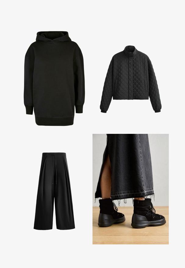 Gepolsterte schwarze Jacke mit hohem Kragen, kurzer Schnitt und elastischen Bündchen. Verfügt über ein Rautenmuster und eine glatte Textur.; Schwarzer Hoodie aus einem weichen Baumwollmix. Hat eine große Kapuze, lange Ärmel sowie gerippte Bündchen und Saum. Schlichte, entspannte Silhouette.; Schwarze weite Hosen aus glattem Stoff, mit einem elastischen Bund und plissierten Vorderteilen für zusätzliche Struktur und Volumen.; Schwarze Stiefeletten aus Wildleder mit abgerundeter Zehe, Schnürdesign und einer dicken, strukturierten Gummisohle. Sichtbarer Jeansrock mit rohem Saum.