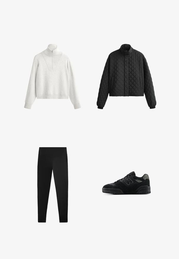 Vuorattu musta takki korkealla kauluksella, lyhyt muotoilu ja elastiset hihansuuyksityiskohdat. Ominaisuuksiin kuuluu timanttikuvio ja sileä pinta koko ajan.; Vaaleanharmaa huppari, jossa on korkea kaulus, puoliveto ja ribattu rakenne. Laatikkomainen muoto, jossa on roikkuvat hartiat ja jämäkkä suunnittelu.; Musta legginsit, jotka on valmistettu sileästä, joustavasta kankaasta. Korkea vyötärösuunnittelu nilkkadetaililla, eikä näkyviä kuvioita tai metalliosia.; Musta matalavartinen lenkkari, jossa on teksturoitu pohja, nauhakiinnitys, mokkapaneelit ja kuviolliset yksityiskohdat kantapäässä ja sivulogossa.