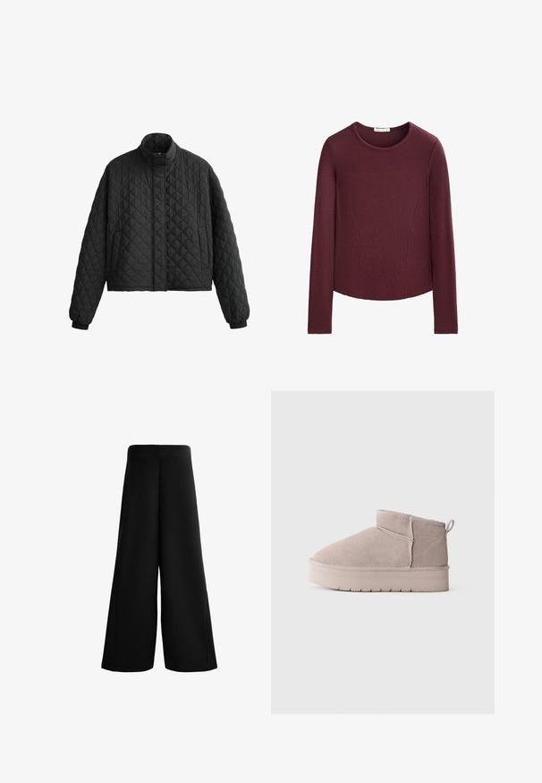 Gepolsterte schwarze Jacke mit hohem Kragen, kurzer Schnitt und elastischen Bündchen. Verfügt über ein Rautenmuster und eine glatte Textur.; Langärmliges, eng anliegendes Rippstrickoberteil in tiefburgunderrot mit einem runden Halsausschnitt und subtilen Nahtdetails auf der Vorderseite und an den Seiten.; Schwarze, weit geschnittene Hose aus weichem Stoff. Sie verfügt über eine hohe Taille und eine glatte Textur mit klaren Linien, die eine lockere, entspannte Passform bieten.; Beige Wildleder-Winterstiefel mit niedrigem Schaft, dicker Sohle und praktischem Ziehschlauf auf schlichtem weißen Hintergrund, im Seitenprofil dargestellt.