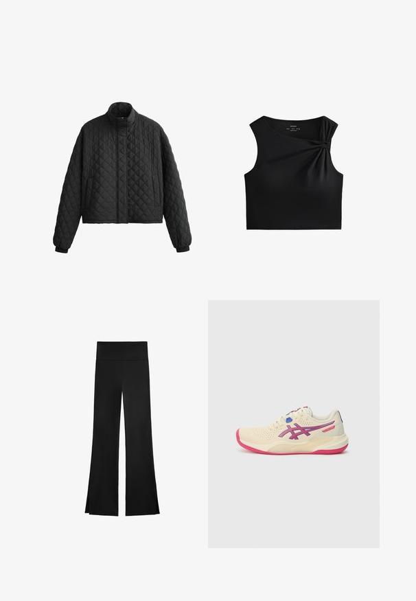 Quiltad svart jacka med hög krage, kort design och elastiska manschetter. Har ett diamantsmönster och en slät yta genom hela plagget.; Svart ärmlös cropped topp med en knuten detalj vid axeln, tillverkad av ett slätt, stretchy tyg med en figurnära design.; Svarta byxor med en vid design, utrustade med hög midja och sidofickor för ökad rörelsefrihet. Tillverkade av ett mjukt, stretchigt tyg.; Gräddfärgad träningsskor med rosa sula, blå och lila detaljer, perforerat ovandel och rundad tådesign.