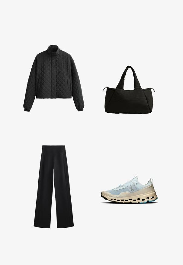 Quilted black jacket with a high collar, cropped design, and elastic cuffs. Features a diamond pattern and smooth texture throughout.; White short-sleeve t-shirt made of smooth fabric, with a round neckline and curved hem. Worn with white bottoms.; Wide-leg black pants made of a soft fabric, featuring a high waistband and two zippered pockets, with subtle seams along the sides.; Light blue mesh running shoe with beige accents, textured finish, prominent midsole cutouts, and contrasting black outsole.; Black tote bag with a puffy texture, featuring two short handles and a side pocket secured with a drawstring. Simple, angular design.