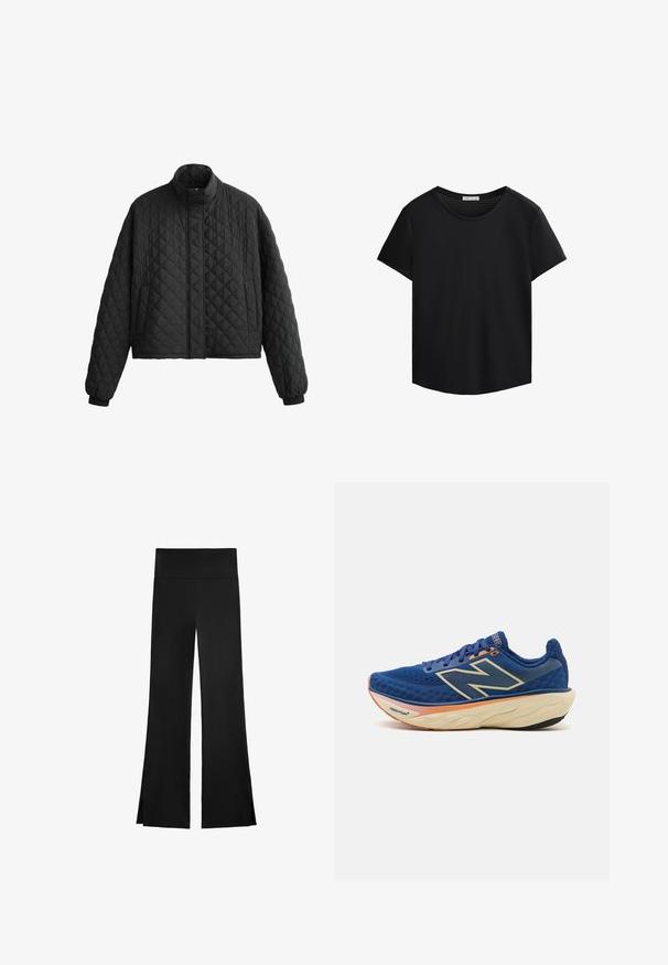 Giacca nera trapuntata con colletto alto, design corto e polsini elastici. Presenta un motivo a rombi e una texture liscia in tutto il capo.; Maglietta nera a maniche corte con scollo rotondo e dettagli in rete forata sulle spalle. Tessuto morbido, vestibilità comoda, orlo curvo.; Pantaloni neri con una linea a gamba larga, dotati di una vita alta e fessure laterali per facilitare il movimento. Realizzati in un tessuto morbido ed elasticizzato.; Scarpa da corsa blu con tomaia in mesh traspirante, colletto imbottito e suola ammortizzata con accento arancione. Visibile il marchio "Fresh Foam".