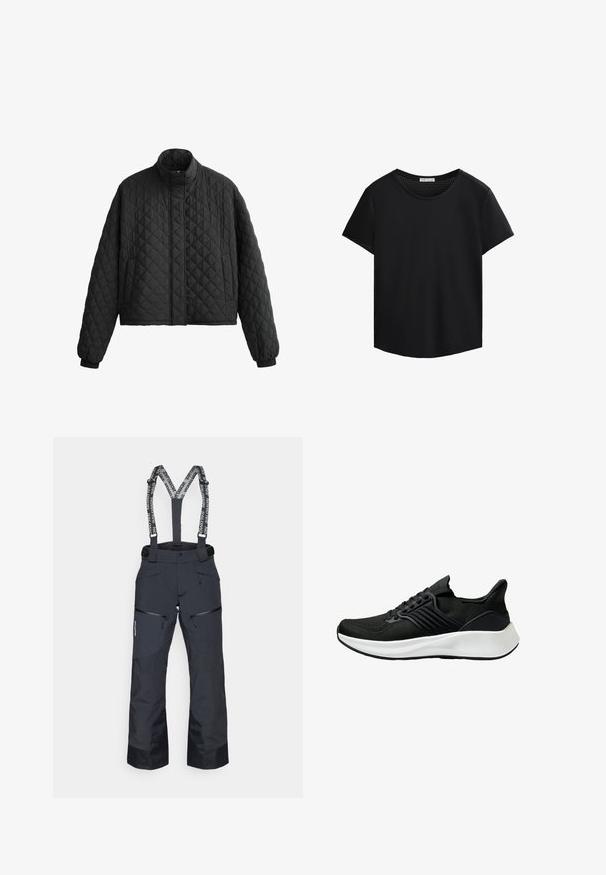 Gepolsterte schwarze Jacke mit hohem Kragen, kurzer Schnitt und elastischen Bündchen. Verfügt über ein Rautenmuster und eine glatte Textur.; Schwarzes T-Shirt mit kurzen Ärmel und Rundhalsausschnitt, mit durchbrochener Mesh-Besatzung an den Schultern. Glatte Stoffqualität, lockere Passform, abgerundeter Saum.; Schwarze Skihosen mit verstellbaren Trägern, Reißverschlusstaschen und strukturierten Einsätzen. Verfügt über verstärkte Säume für Langlebigkeit.; Schwarzer Sportschuh mit Obermaterial aus strukturiertem Stoff, Schnürsystem und weißer Zwischensohle. Besitzt ein niedriges Profil und ein gekrümmtes Sohlen-Design.
