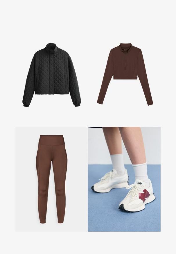 Quiltad svart jacka med hög krage, kort design och elastiska manschetter. Har ett diamantsmönster och en slät yta genom hela plagget.; Brun långärmad kort topp med ståkrage och kvartslång dragkedja. Slät textur med platta sömmar, lämplig för aktivitetskläder.; Bruna stretchiga leggings med hög midja, utrustade med sidofickor och slät textur. Sömmen framhäver formen.; Ett par vita sneakers med vinröda detaljer, texturerade paneler, platt svart sula och ljusa snören, bärs med vita ankelsockor.