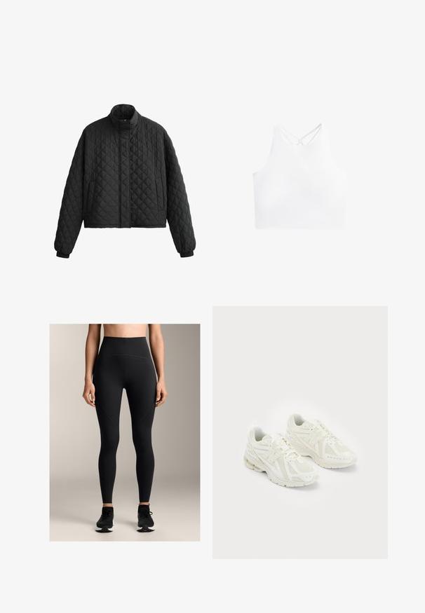 Steppelt fekete dzseki magas gallérral, rövidített fazonnal és elasztikus mandzsettákkal. Gyémántmintával és sima textúrával rendelkezik.; Fehér sportos crop top, magas nyakkivágással és dupla keresztpánttal a háton, sima, rugalmas anyagból készült.; Magas derekú fekete leggingek, rugalmas anyagból készült, sima textúrával, varrási részletekkel és testhezálló fazonnal.; Fehér sportcipők hálós és szintetikus anyagokból, fűzős dizájn, párnázott bokarésszel és érdes talppal a tapadás érdekében. Könnyű felépítés.