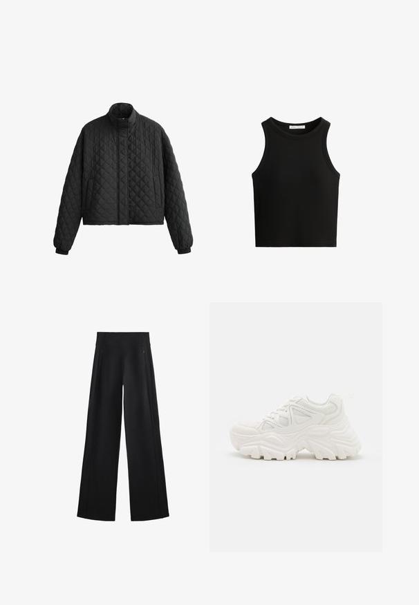 Quilted black jacket with a high collar, cropped design, and elastic cuffs. Features a diamond pattern and smooth texture throughout.; Black ribbed tank top, featuring a round neckline and wide armholes. Material appears soft with a fitted design.; Wide-leg black pants made of a soft fabric, featuring a high waistband and two zippered pockets, with subtle seams along the sides.; White chunky sneakers featuring a textured upper, mesh panels, and thick rubber soles with prominent tread pattern. Laces and pull tab included.