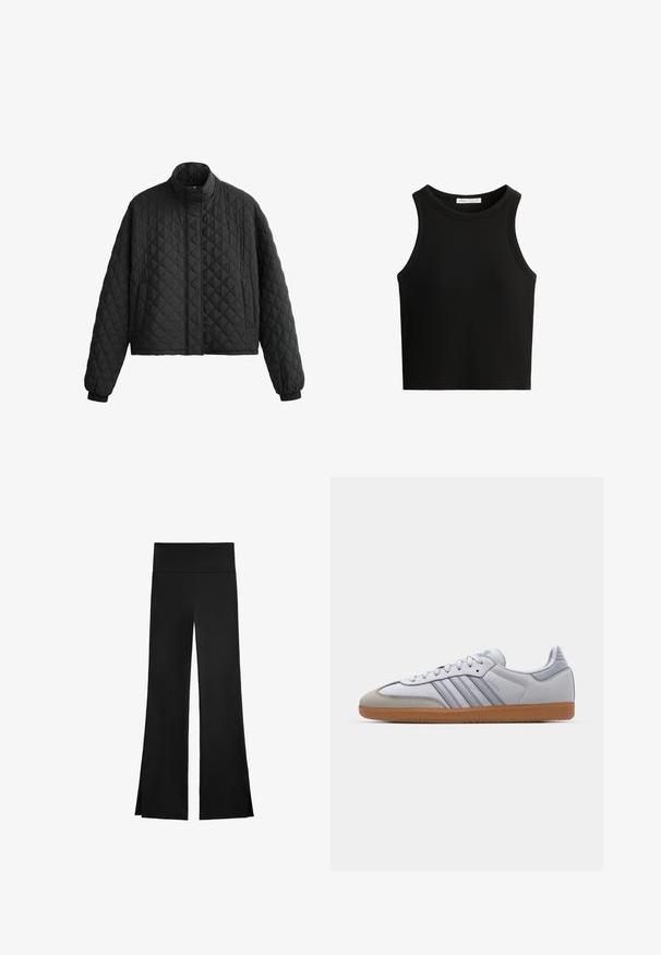 Quilted black jacket with a high collar, cropped design, and elastic cuffs. Features a diamond pattern and smooth texture throughout.; Black ribbed tank top, featuring a round neckline and wide armholes. Material appears soft with a fitted design.; Black pants with a wide-leg design, featuring a high waistband and side slits for ease of movement. Made from a smooth, stretchy fabric.; White leather sneakers with light blue accents, grey suede toe, and a brown rubber sole. Features three blue stripes and "Samba" branding.