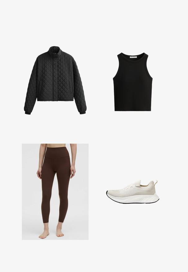 Gequilted zwarte jas met een hoge kraag, cropped ontwerp en elastische manchetten. Heeft een ruitpatroon en een gladde textuur overal.; Zwart geribbeld topje, met een ronde halslijn en brede armsgaten. Het materiaal lijkt zacht met een getailleerd ontwerp.; Bruine hoge taille legging met een gladde textuur, aansluitend ontwerp en zonder zichtbare patronen. Naadtoeslag langs de zijkanten.; Witte sportieve schoen met een gestructureerde gebreide bovenkant en flexibele zool, met decoratieve veters en een pulltab aan de achterkant.