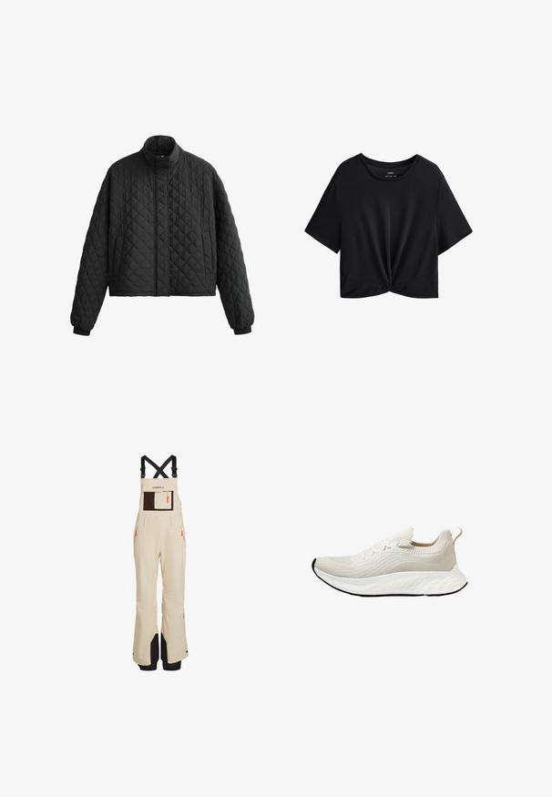 Gequilted zwarte jas met een hoge kraag, cropped ontwerp en elastische manchetten. Heeft een ruitpatroon en een gladde textuur overal.; Zwarte cropped t-shirt gemaakt van zachte stof, met een ronde halslijn, korte mouwen en een geknoopt detail aan de onderkant.; Beige sneeuwbroeken met verstelbare zwarte banden, voorzien van een grote bruine borstzak, ritszakken aan de zijkant en zwarte accenten aan de onderkant.; Witte sportieve schoen met een gestructureerde gebreide bovenkant en flexibele zool, met decoratieve veters en een pulltab aan de achterkant.