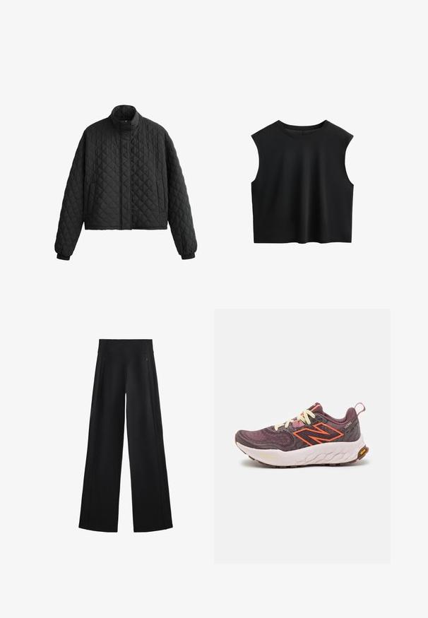 Giacca nera trapuntata con colletto alto, design corto e polsini elastici. Presenta un motivo a rombi e una texture liscia in tutto il capo.; Top nero cropped senza maniche realizzato in tessuto morbido e elasticizzato, con collo rotondo e texture liscia. Design semplice, senza chiusure visibili o motivi.; Pantaloni neri a gamba larga realizzati in un tessuto morbido, dotati di una vita alta e due tasche con zip, con cuciture sottili lungo i lati.; Scarpa sportiva viola e grigia con dettagli arancioni, tomaia in rete testurizzata, intersuola in EVA e suola in gomma. Caratterizzata da lacci a contrasto e un tassello sul tallone.