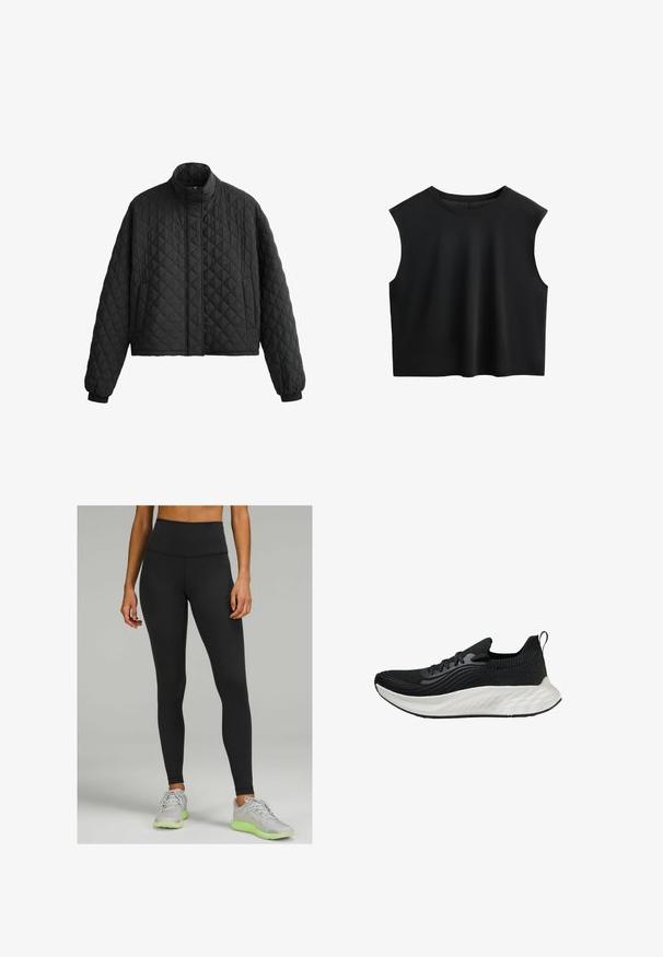 Steppelt fekete dzseki magas gallérral, rövidített fazonnal és elasztikus mandzsettákkal. Gyémántmintával és sima textúrával rendelkezik.; Fekete, rövid fazonú, ujjatlan top, amely puha, rugalmas anyagból készült, kerek nyakkivágással és sima textúrával. Egyszerű dizájn, nincs látható záródás vagy minta.; Felső derékig érő fekete leggings rugalmas anyagból, sima textúrával és testhez simuló kialakítással. Világosszürke sportcipőkkel viselve.; Fekete sportcipő texturált felsőrésszel, fehér párnázott talppal és diszkrét logóval. Húzófül és fűzős záródás jellemzi.