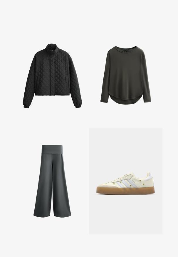 Steppelt fekete dzseki magas gallérral, rövidített fazonnal és elasztikus mandzsettákkal. Gyémántmintával és sima textúrával rendelkezik.; Sötétzöld, hosszú ujjú felső, kerek nyakkivágással, sima anyagból készült. Ívelt alsó része és lelógó vállai lazább szabást biztosítanak.; OYSHO FOLDOVER WAIST COTTON BLEND PALAZZO - Nadrágok - grey; Krém színű sneakerek világoskék csíkokkal, gumi talpúak, és díszítő sárga virágmotívumokkal a felső anyagon. Lekerekített orrformával.