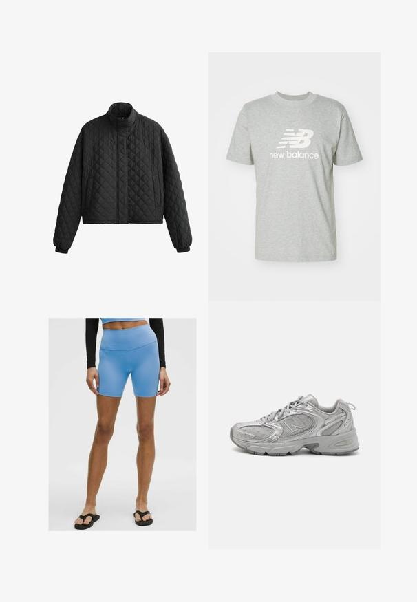 Gequilted zwarte jas met een hoge kraag, cropped ontwerp en elastische manchetten. Heeft een ruitpatroon en een gladde textuur overal.; Lichtgrijs katoenen T-shirt met korte mouwen, ronde hals en een prominent weergegeven wit "New Balance" logo op de voorkant.; Lichtblauwe sportshorts van soepel, rekbaar materiaal. Heeft een hoge taille en een aansluitend ontwerp, gecombineerd met zwarte slippers.; Zilveren hardloopschoen met een slank design, gaaspanelen, een gevoerde tong, textuur van synthetisch bovenwerk en rubberen buitenzool voor grip.