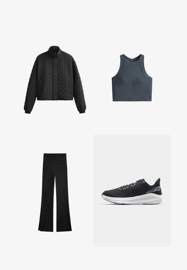 Vuorattu musta takki korkealla kauluksella, lyhyt muotoilu ja elastiset hihansuuyksityiskohdat. Ominaisuuksiin kuuluu timanttikuvio ja sileä pinta koko ajan.; Harmaa lyhyt toppi ribbitekstuuri, hihattomalla suunnittelulla ja pyöreällä kaula-aukolla, jossa on sauman yksityiskohtia rakenteellisen istuvuuden saavuttamiseksi.; Mustat housut leveällä lahkeella, joissa on korkea vyötärö ja sivuaukot liikkumisen helpottamiseksi. Valmistettu sileästä ja joustavasta kankaasta.; Mustat urheilukengät, joissa on teksturoitu yläosa, harmaat nauhat, valkoinen välipohja ja hieman kohotettu kantapää, ja sivussa on logo.