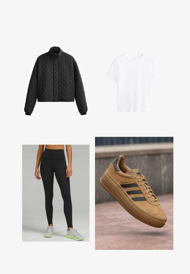 Šivana črna jakna z visokim ovratnikom, skrajšano zasnovo in elastičnimi manšetami. Ima diamanten vzorec in gladko teksturo po celotni površini.; Bela bombažna majica, kratke rokave, okroglo izrezovanje, sproščen kroj, gladka tekstura, brez vzorcev ali dodatkov, preprost dizajn, vsestranski slog.; Visoko pasovi črne legice, izdelane iz raztegljivega materiala, ki se ponaša z gladko teksturo in prilega k telesu. Obute lahke sivo-športne čevlje.; Svetlo rjave semiš teniske z gladko teksturo, ki imajo tri temne črte, zaobljen nos in debelejši podplat s vzorčastim robom.