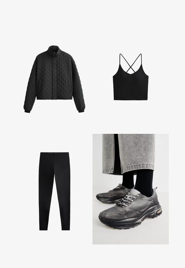 Prošívaná černá bunda s vysokým límcem, zkráceným designem a elastickými manžetami. Má diamantový vzor a hladkou strukturu po celé ploše.; Černý krátký top s výstřihem do V a překříženými ramínky na zádech. Hladká látka s přiléhavým střihem, bez viditelných vzorů nebo kovových detailů.; Černé legíny vyrobené z pružné látky, s čistým designem a přiléhavým střihem s vysokým pasem a bezešvou konstrukcí.; Černé a šedé sportovní boty mají síťovaný svršek, silné podrážky a šněrování. Mají zaoblenou špičku a viditelné polstrování.