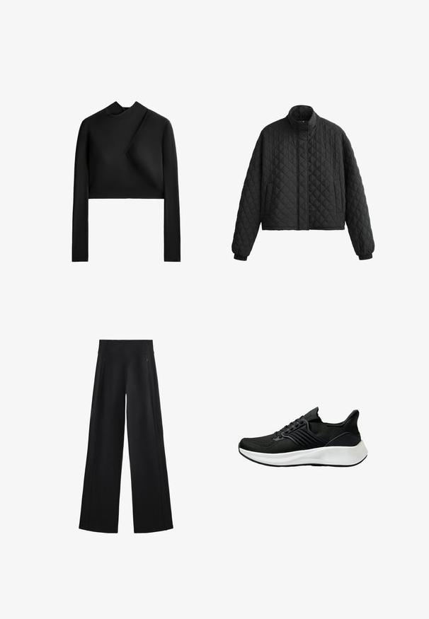 Padded crna jakna s visokim kragnom, skraćenim dizajnom i elastičnim manžetama. Ima dijamantni uzorak i glatku teksturu.; Crni dugih rukava kropljeni top s visokim vratom i asimetričnim dizajnom. Glatka, mat tekstura s minimalnim šavnim detaljima.; Široke crne hlače od meke tkanine, sa visokim strukom i dva džepa sa patentnim zatvaračima, uz to imaju suptilne šavove duž bočnih strana.; Crne atletske cipele s teksturiranim gornjim dijelom od tkanine, sustavom vezivanja i bijelim midsole-om. Imaju nizak profil i zakrivljen dizajn potplata.