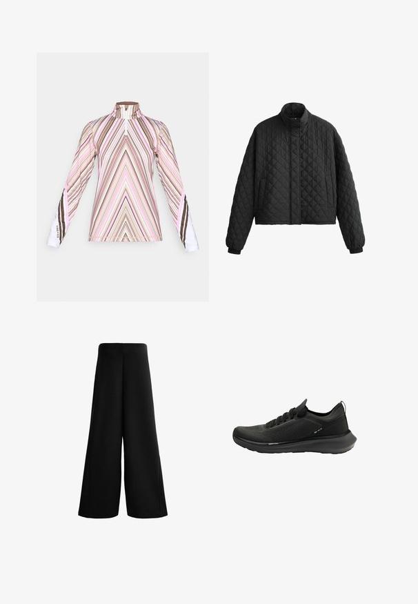 Czarna puchowa kurtka z wysokim kołnierzem, krótkim krojem i elastycznymi mankietami. Charakteryzuje się diamentowym wzorem i gładką teksturą na całej powierzchni.; Długi rękaw z wysokim kołnierzem, w wzór zygzakowy w kolorze brązowym, różowym i białym. Wykonany z gładkiego, lekkiego materiału.; Czarne spodnie o szerokich nogawkach wykonane z miękkiego materiału. Posiadają wysoki stan i gładką fakturę z czystymi liniami, oferując luźne, swobodne dopasowanie.; Czarne sportowe buty z teksturowaną siateczkową cholewką, zakrzywioną podeszwą oraz minimalistycznym designem, wyposażone w sznurowane zapięcie i subtelne oznaczenia marki.