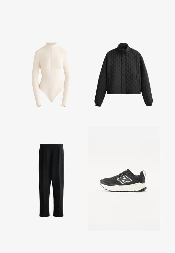 Prošívaná černá bunda s vysokým límcem, zkráceným designem a elastickými manžetami. Má diamantový vzor a hladkou strukturu po celé ploše.; Body s dlouhým rukávem v světle béžové látce, s vysokým límcem a předním zipem, který má hladký, přiléhavý design a hluboký výstřih na zádech.; Černé tepláky s hladkou texturou, elastickým pásem a rovnou nohavicovou siluetou. Bez viditelných vzorů nebo kovových detailů.; Černé sportovní boty s texturovaným svrškem, kontrastní bílou mezipodešví a výrazným šedým logem na straně. Gumová podešev s dobrou trakci.