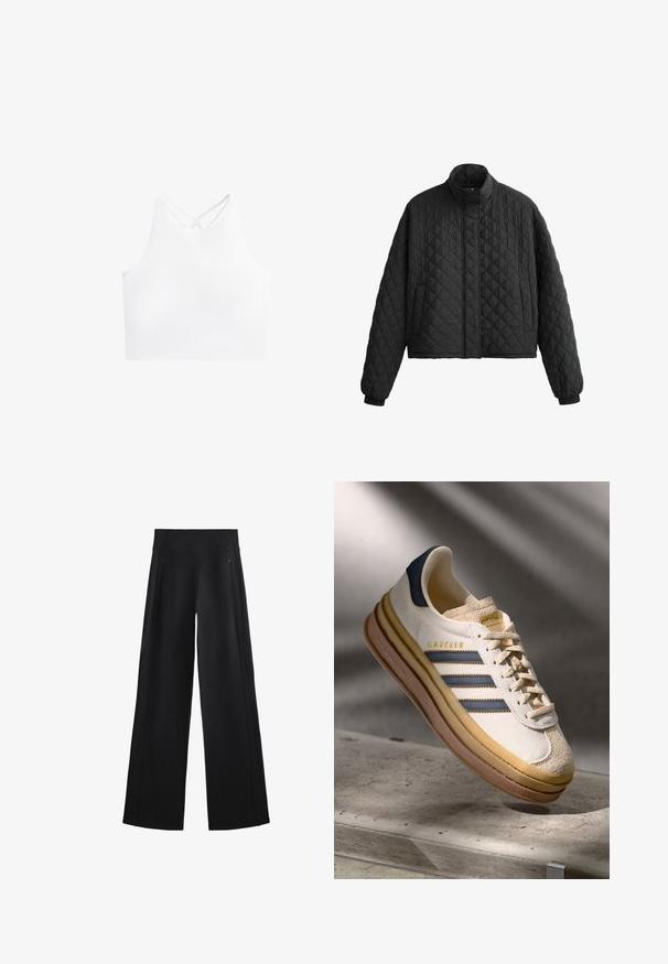 Padded crna jakna s visokim kragnom, skraćenim dizajnom i elastičnim manžetama. Ima dijamantni uzorak i glatku teksturu.; Bijeli sportski crop top s visokim izrezom i dvostrukim ukriženim trakama na leđima, s glatkom, rastezljivom teksturom tkanine.; Široke crne hlače od meke tkanine, sa visokim strukom i dva džepa sa patentnim zatvaračima, uz to imaju suptilne šavove duž bočnih strana.; Adidas Gazelle tenisice s kremasto antilop gornjom, plavim kožnim akcentima, tri plave pruge, bež međupotplat i smešani gumeni potplat.