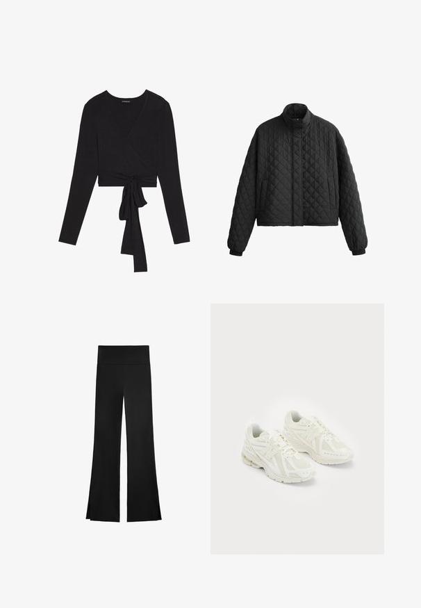 Gequilted zwarte jas met een hoge kraag, cropped ontwerp en elastische manchetten. Heeft een ruitpatroon en een gladde textuur overal.; Even&Odd Longsleeve - black; Zwarte broek met een wijd beenontwerp, voorzien van een hoge tailleband en zijsplitten voor gemakkelijke beweging. Gemaakt van een gladde, rekbare stof.; Witte sportschoenen van mesh en synthetische materialen, vetersluiting, gevoerde kraag en een gestructureerde zool voor grip. Lichtgewicht constructie.