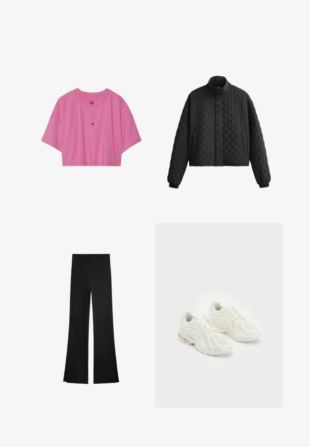 Gepolsterte schwarze Jacke mit hohem Kragen, kurzer Schnitt und elastischen Bündchen. Verfügt über ein Rautenmuster und eine glatte Textur.; Gekürztes pinkes Sport-T-Shirt aus glattem Material, mit kurzen Ärmeln und rundem Ausschnitt. Kleines Logo in der Mitte der Brust.; Schwarze Hose mit weitem Bein, ausgestattet mit einem hohen Bund und seitlichen Schlitzen für zusätzliche Bewegungsfreiheit. Hergestellt aus einem glatten, elastischen Stoff.; Weiße Sportschuhe aus Mesh- und synthetischen Materialien, Schnürdesign, gepolsterter Kragen und strukturiertes Profil für besseren Grip. Leichte Bauweise.