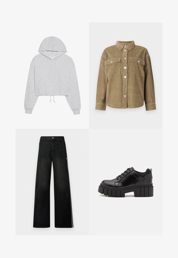 Olíva zöld kordbársony ingdzseki klasszikus gallérral, elől gombos záródással, két mellzsebbel és fémből készült gombokkal. Texturált anyag.; Szürke, rövidített kapucnis pulóver, puha anyagból, húzózsinórral ellátott kapucnival, hosszú ujjakkal és bordás mandzsettával. Egyszerű dizájn, minta vagy grafika nélkül.; Széles lábú fekete farmernadrág kontrasztos fekete oldalsó panelek. Klasszikus denim textúrával, ezüst gombos záródással és fehér díszcsíkokkal rendelkezik.; Fekete bőr platform cipők vaskos blokk sarkakkal, kerek orral és hagyományos fűzős kialakítással. Simára csiszolt felület és minimális részletezés jellemzi.