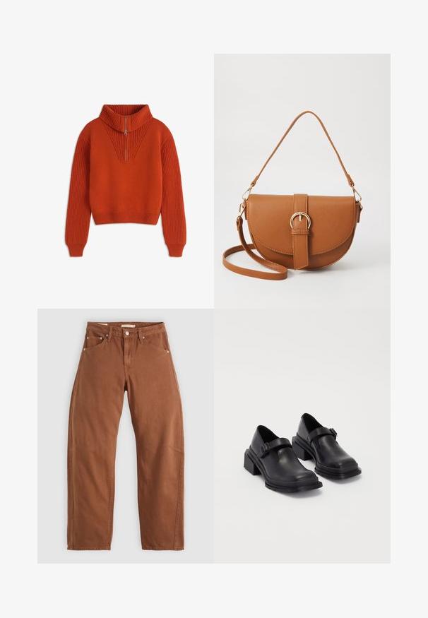 Zielona oliwkowa kurtka koszulowa z kordurojowego materiału, z klasycznym kołnierzem, zapięciem na guziki z przodu, dwoma kieszeniami na piersi i metalowymi guzikami. Teksturowany materiał.; Pomarańczowy sweter robiony na drutach z wysokim kołnierzem, zamkiem błyskawicznym do połowy i ściągaczem przy mankietach. Charakteryzuje się teksturowanym wzorem na ramionach i gładkim korpusem. Krótki fason.; Rude brązowe dżinsy o prostym kroju z kieszeniami z przodu i z tyłu, metalowymi nitami, zapięciem na guzik i pętlami na pasek, leżące płasko na białym tle.; Czarna skórzana obuwie z zaokrąglonym czubkiem, płaską podeszwą i paskiem z klamrą. Grubszy blokowy obcas dla dodatkowej stabilności.; Brązowa skórzana torba na ramię o zaokrąglonym kształcie, ze złotymi akcentami i zapięciem w formie klamry. Posiada odpinany pasek na ramię.
