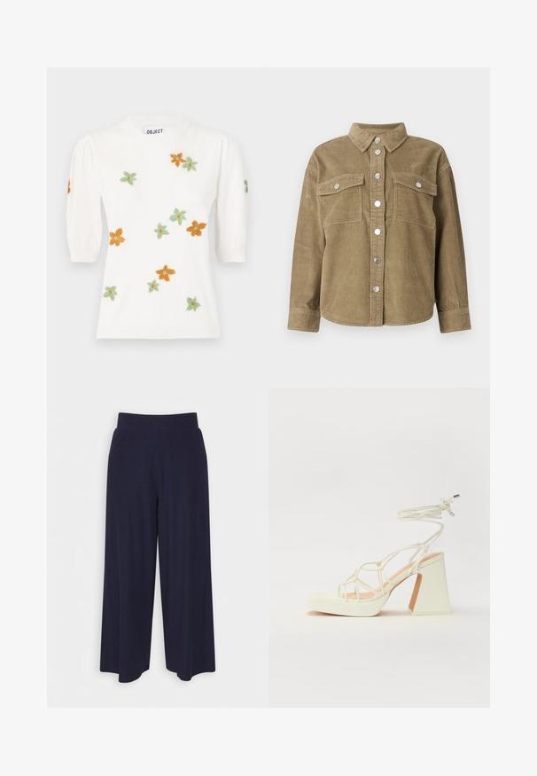 Olive green corduroy shirt jacket with a classic collar, front button closure, two chest pockets, and metallic buttons. Textured fabric.; White pullover sweater with short puff sleeves, featuring floral embroidery in orange, green, and yellow. Classic round neckline and ribbed hem.; Wide-leg trousers in dark navy fabric with a ribbed texture. Features a smooth waistband and a flowy silhouette, reaching mid-calf length.; White high-heeled sandal with a chunky heel, featuring a strappy design and ankle tie. Smooth texture with a platform front for added height.