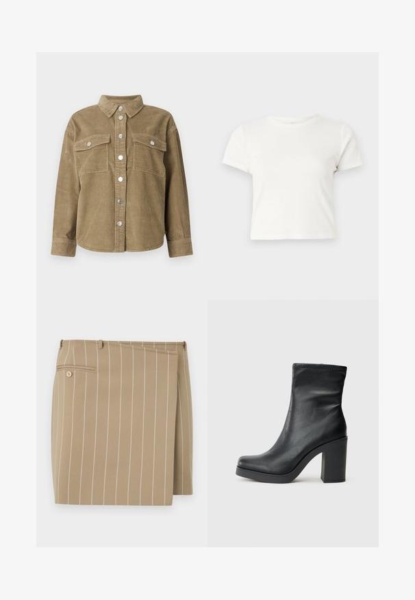 Olivovo zelená kordurová kožená bunda s klasickým golierom, predným zapínaním na gombíky, dvoma náprsníkovými vreckami a kovovými gombíkmi. Textúrovaná tkanina.; Krátke biele tričko vyrobené z bavlny s krátkymi rukávmi, okrúhlym výstrihom a rovnými okrajmi, s hladkou textúrou a minimálnym dizajnom.; Béžová sukňa s vertikálnymi bielymi pruhmi, vyrobená z textúrovanej látky. Obsahuje predný klapku a zadnú vrecko s detailom gombíka.; Čierne kožené členkové topánky s vysokým blokovým podpätkom, hladkou textúrou, priliehajúcim dizajnom a prešitým detailom na vrchu.