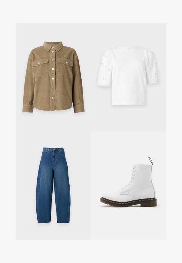 Alavijo žalios spalvos velveto marškinėlių striukė su klasikinėmis apykaklėmis, priekyje užsegama mygtukais, dviem krūtinės kišenėmis ir metaliniais mygtukais. Taksuota medžiaga.; Balta medvilnės marškinėliai trumpomis pūstomis rankovėmis, papuošti mažomis sidabrinėmis detalėmis ant rankovių. Klasikinis apvalus iškirpimas, laisvas siluetas.; Deniminės džinsai vidutinio mėlynumo atspalviu, su aukštu liemeniu, plačiais kojų kirpimais ir standartiniu penkių kišenių dizainu, pasižyminčiu matomais siuvimo detalėmis.; Baltos odinės aulinės botai su juodu ir oranžiniu padu, apvaliu pirštu, raištelių užsegimu ir kilpa gale. Lygus paviršius ir tvirta konstrukcija.