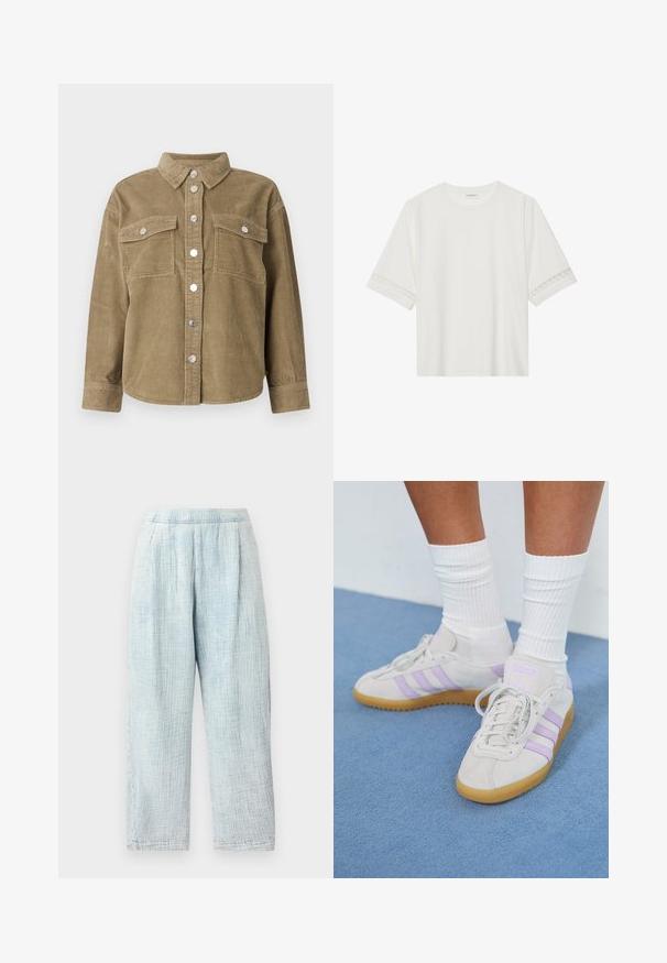 Camisa de ganga de veludo cotelê verde-oliva com colarinho clássico, fecho frontal com botões, dois bolsos no peito e botões metálicos. Tecido texturizado.; T-shirt branco de manga curta feito de algodão, com bainha de renda decorativa nas mangas e decote redondo.; Calças de tecido leve, texturizado, na cor azul clara, com uma cintura elástica, de comprimento total e pregas para um detalhe adicional.; Sapatilhas de camurça cinza claro com três riscas lilás, sola de borracha de goma, atacadores planos e meias brancas caneladas. Com um fundo azul.