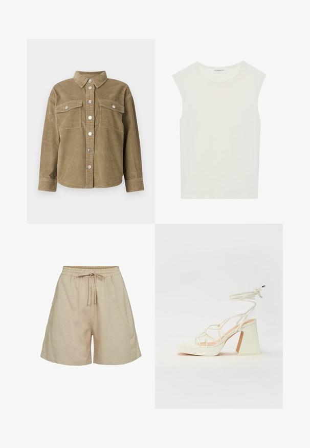 Olive green corduroy shirt jacket with a classic collar, front button closure, two chest pockets, and metallic buttons. Textured fabric.; White sleeveless top with a round neckline. Made of smooth fabric, it features a relaxed fit and minimalist design. No patterns or accents.; Beige, lightweight fabric shorts with an elastic waistband and drawstring. Features a relaxed fit and side pockets. Smooth texture.; White high-heeled sandal with a chunky heel, featuring a strappy design and ankle tie. Smooth texture with a platform front for added height.