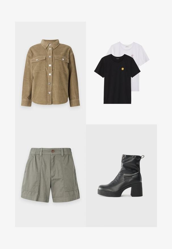 Olíva zöld kordbársony ingdzseki klasszikus gallérral, elől gombos záródással, két mellzsebbel és fémből készült gombokkal. Texturált anyag.; Fekete és fehér T-shirtok, kerek nyakkivágással, rövid ujjakkal. A fekete pólón sárga nap hímzés található; a fehér póló lila félhold díszítéssel rendelkezik.; Világos olíva zöld, pamut keverék anyagból készült rövidnadrág, rugalmas derékkal, elülső zsebekkel és egy gombos záródással.; Fekete bokacsizmák sima bőrből, oldalsó cipzárral, vastag, texturált sarkú és lekerekített orrú dizájnnal.