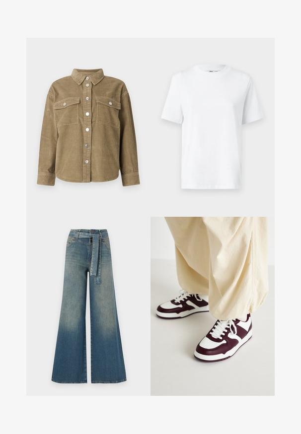 Giacca camicia in velluto a coste verde oliva con colletto classico, chiusura frontale con bottoni, due tasche sul petto e bottoni metallici. Tessuto texture.; T-shirt bianca in cotone a girocollo con maniche corte e una superficie liscia. Disegnata con una vestibilità rilassata per comfort e versatilità.; Pantaloni in denim a gamba larga con una sfumatura che va dal blu chiaro al blu scuro, vita alta, passanti per cintura e una cintura in tessuto coordinato. Finitura in denim strutturato.; ONLY SHOES ONLSWIFT - Sneakers basse - white/dark red