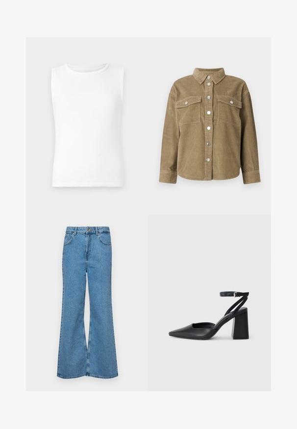 Olijfgroene corduroy overhemdjas met een klassieke kraag, sluiting met knopen aan de voorkant, twee borstzakken en metalen knopen. Geweven stof.; Witte mouwloze T-shirt van katoen, met een ronde halslijn en een gladde, zachte textuur. Rechte zoom zonder extra details.; Lichtblauwe flared jeans van denim, met een hoge taille, vijf zakken en een enkele knoopsluiting. Zachte textuur met een vervaagde afwerking.; Zwarte leren puntige pump met een enkelbandje en een chunky hak. Vlakke textuur, strakke vormgeving en minimalistische esthetiek.