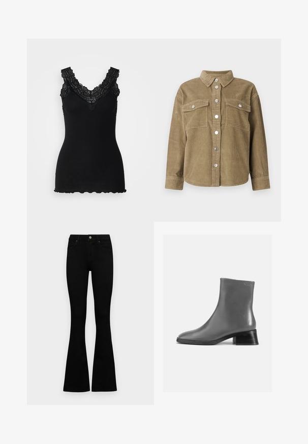 Oliven grønn kordfløyels skjortejakke med klassisk krage, frontlukking med knapper, to brystlommer og metallknapper. Strukturert stoff.; Svart ribbet tank topp med blondeakenter langs en V-hals og bølget kant. Teksturen er myk, noe som forbedrer den tettsittende designen.; Sorte høytlivsjeans med knapp og glidelås, frontlommer og utsvingte bein liggende flatt på en hvit bakgrunn.; Grå lær ankle boot med rund tå og en kort, stablet sort hæl. Glat tekstur med minimal detaljer.