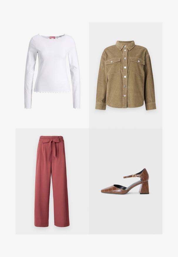 Olíva zöld kordbársony ingdzseki klasszikus gallérral, elől gombos záródással, két mellzsebbel és fémből készült gombokkal. Texturált anyag.; Fehér, hosszú ujjú, pamut felső. Kerek nyakkivágással rendelkezik, fodros szélekkel és fodros aljjal. Egyszerű, testhez álló dizájn.; Széles lábú nadrág poros rózsaszín színben, puha anyagból készült, derekán megkötős övvel és oldalzsebekkel.; Barna lakkbőr félcipő négyzetes orral, texturált krokodilmintával, boka pánttal arany csattal és vaskos sarkával.