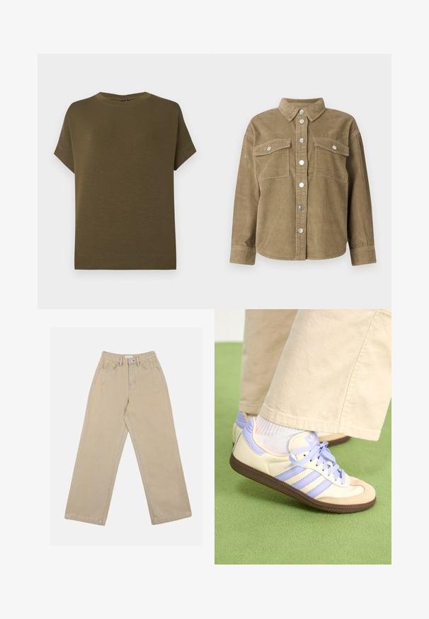 Olive green corduroy shirt jacket with a classic collar, front button closure, two chest pockets, and metallic buttons. Textured fabric.; Olive green short-sleeve t-shirt made of soft, textured fabric. Features a crew neckline and a straight hem without embellishments.; Beige wide-leg pants made of denim, featuring a high waist, front pockets, and contrasting stitching. The design includes a button closure.; Cream and lavender sneakers with three stripes and a textured brown sole, featuring laces and a padded heel. Soft fabric upper.