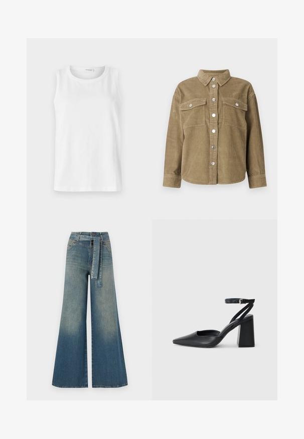 Olivovo zelená kordurová kožená bunda s klasickým golierom, predným zapínaním na gombíky, dvoma náprsníkovými vreckami a kovovými gombíkmi. Textúrovaná tkanina.; Biely bezrukávový top vyrobený z jemnej bavlny. Má okrúhly výstrih a priame strih. Jednoduchý dizajn bez viditeľných vzorov alebo akcentov.; Džínsy s širokými nohavicami, ktoré majú prechod od svetlomodrej po tmavomodrú, vysoký pás, pútka na opasok a opasok z rovnakého materiálu. Textúrovaný denimový povrch.; Čierne kožené lodičky s špicatou špičkou a členkovým remienkom, s masívnym podpätkom. Hladký povrch, elegantný dizajn a minimalistická estetika.